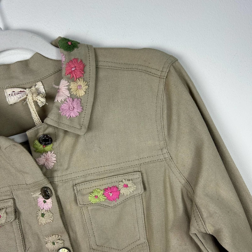 NEW Antica Sartoria Tan Denim Jacket Embroidered Flowers Size 2 - Picture 3 of 11